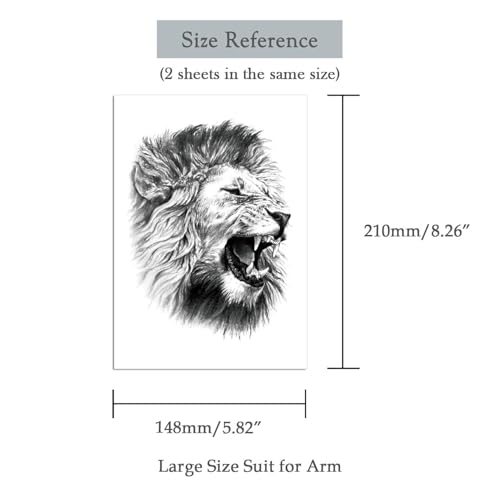 2 Sheets Realistic Animal Large Temporary Tattoos Stickers Sketch Lifelike Lion Roar Designs For Men Waterproof Arm Leg Fake Body Art, Gym & Parties Bold Masculine Decals