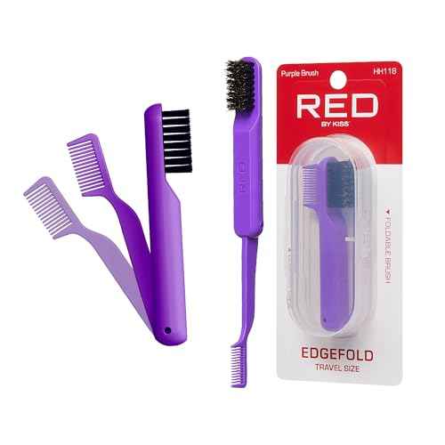 Red by Kiss 2-in-1 Foldable Comb & Edge Brush with Travel Case, Compact Palm-Sized Design, 100% Soft Boar Bristles for Smooth Hair & Edge Control, Portable Hair Styling Tool (Purple)