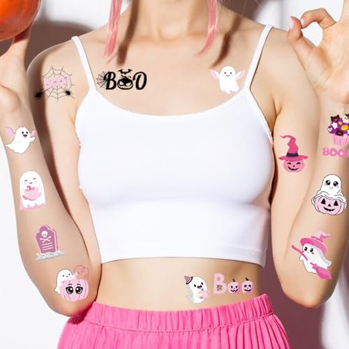 Halloween Temporary Tattoos for Kids - Pink Halloween Party Decorations, Trick or Treat Basket Stuffers, Boo Day Party Favors for Girls