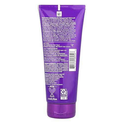 Aussie Miracle Repairer Reconstructing Hair Mask, 3 Pack Hair Mask with Aloe, Repair and Protect Damaged Hair, for All Hair Types 6.7 fl oz