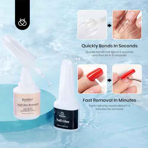 Beetles Nail Glue with Glue Remover Kit, 2 * 10ML Super Strong Easy to Remove Off Fake Nails Adhesive Remover with Cuticle Pusher