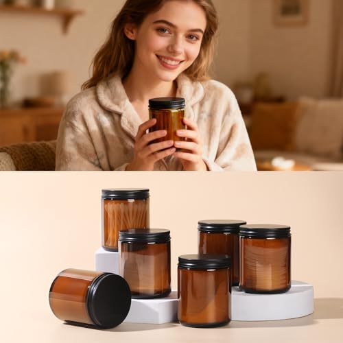 8oz Amber Glass Jars with Lids (3 Pack) - Airtight Candle & Cosmetic Containers