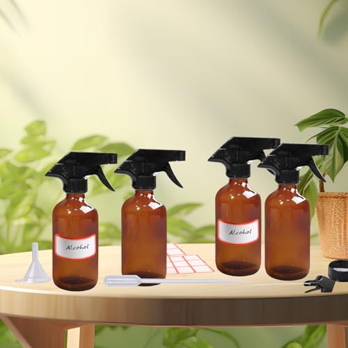 35 Pcs Glass Spray Bottles 8 oz Refillable Trigger Sprayers with Funnels for Essential Oil Cosmetic and Cleaning Solutions Containers with Labels, Droppers, and Spare Lids (Brown)