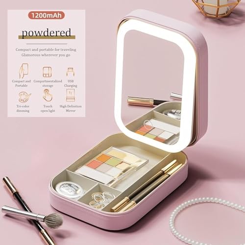 Travel Makeup Case with Lighted Mirror, Partitionable Cosmetic Bag, Professional Cosmetic Artist Organizer, Waterproof Portable, Travel Toiletry Bag (Pink)