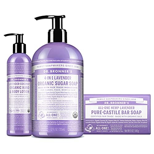 Dr. Bronner's 3-Piece Organic Lavender Gift Set - 1 Sugar Pump Soap 12-Ounces, 1 Body Lotion, 1 Castile Bar Soap