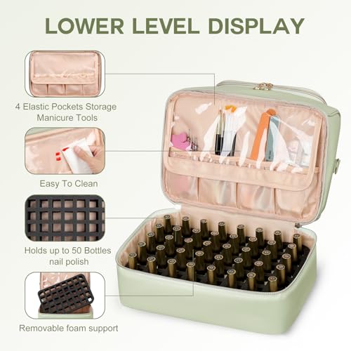 Uross Nail Polish Organizer Bag - Holds 50 Bottles, PU Leather