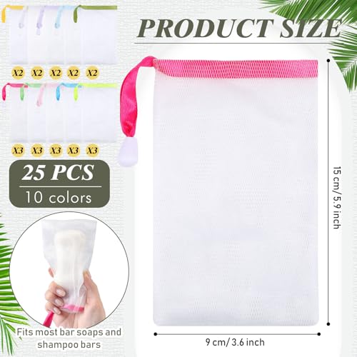 Sunnyray Mesh Soap Saver Bags - Set of 25, 10 Colors, Exfoliating Pouch for Travel & Bathroom