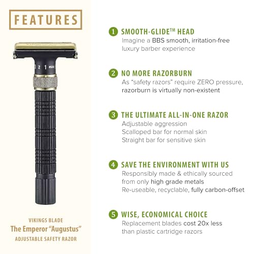 VIKINGS BLADE Adjustable Double Edge Safety Razor + Luxury Case. Smooth, Reusable, Eco-Friendly (The Emperor ¡°Augustus¡±)