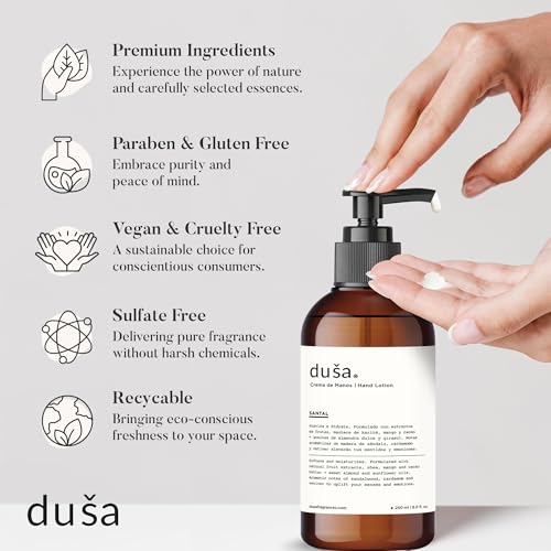 DUSA Premium Natural Santal Hand Lotion ? 8 oz - Vegan Moisturizing Hand Cream, Deep Hydration with Shea, Mango & Cocoa Butter, Sweet Almond & Sunflower Oils ? Softens & Nourishes Dry Skin