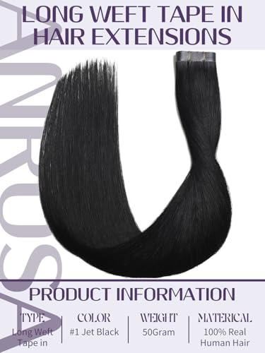 Anrosa Tape In Hair Extensions 16 Inch Remy Human Hair Jet Black