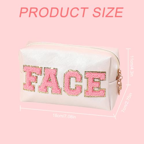 Kaxich 4 Pcs Preppy Patch Makeup Bag, Chenille Letter Cosmetic Bag with Zipper, PU Leather Toiletry Bag Skincare Bag Travel Makeup Pouch for Makeup Washing Nursing, Face Hair Skin Bath Makeup Bag
