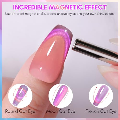 Makartt Holographic Cat Eye Gel Nail Polish with Magnet Stick 9D Glitter Nail Gel Soak Off Double Flashes Effect Dopamine Gel Nail Polish Manicure Home DIY Gift(Violet Garden)