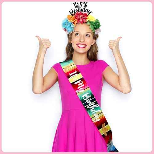 Hoteam 2 Pcs Headband and Sash Mexican Flower Crowns Cinco de Mayo Satin Sash Fiesta Birthday Tiara Crown for Women