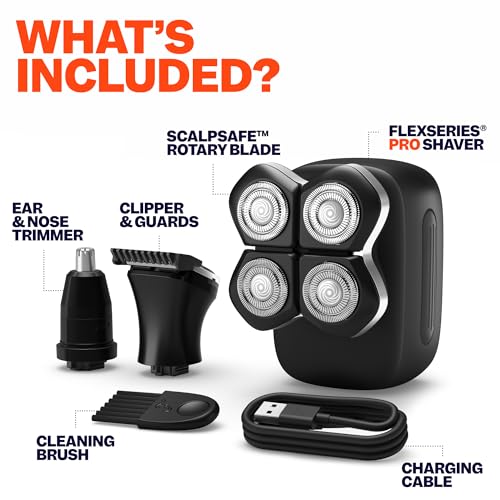 Freebird FlexSeries Electric Head & Body Hair Shaver, Mens Cordless Rechargeable Wet and Dry Skull, Bald Head, Back, Groin Waterproof Razor with Rotary Blades (FlexSeries Pro, Without Accessories)