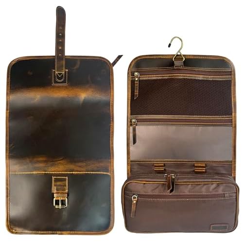 RUSTIC TOWN Leather Hanging Toiletry Bag for Men - Travel Shaving Dopp Kit - Bathroom Shower Toiletries Organizer - Leather Cosmetic Makeup Bag for Women