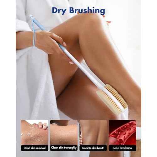 Back Scrubber Body Shower Brush: 20.5¡®¡¯ Extra Long Anti Slip Handle Bath Brush with Stiff and Soft Bristles - Showering Exfoliator Wet or Dry Brushing for Women, Men, Elderly (Blue)