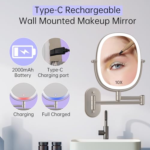 FUNTOUCH Rechargeable Wall Mounted Lighted Makeup Mirror, Oval Double-Sided Mirror 1X/10X Magnifying Mirror,3 Color Lights Touch Screen Dimmable 360¡ÆSwivel 13 Inch Extendable,Nickel