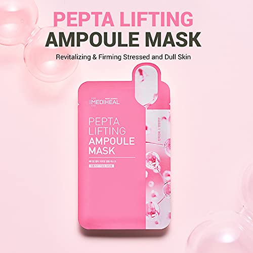 Mediheal Pepta Lifting Ampoule Mask, Pack of 15 - Peptides and Collagen Lifting Facial Mask Sheet, Revitalizing and Firming Stressed Skin, Silky Smooth Cellulose Sheet