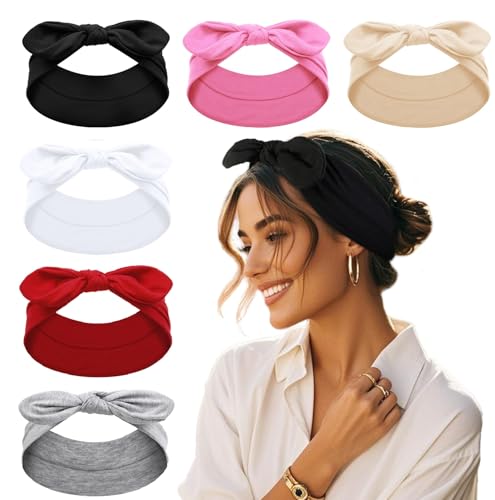 Boho Bandana Headbands for Women with Removable Bow - 6 Pack