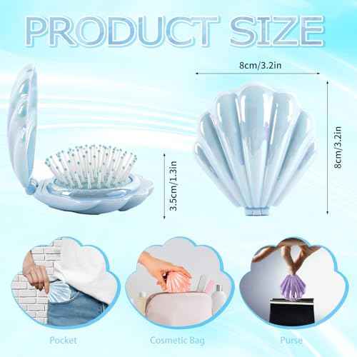 Metallic Shinning Finish Foldable Travel Hair Brushes with Mirror Shell Shape Portable Folding Pocket Hairbrush Mini Hair Comb Purse Compact Size Hair Massager (Blue)