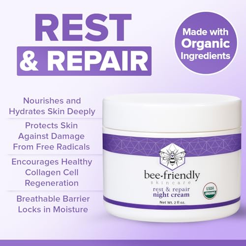 BeeFriendly Organic Night Cream, USDA Certified Organic, Deep Hydrating & Moisturizing Night Time Eye, Face, Neck & Decollete Cream for Women and Men, Skin renewing 4 oz (2 Jars in box)