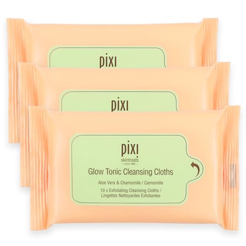 Pixi Beauty Glow Tonic Cleansing Cloths | Cleansing, Exfoliating, and Hydrating Disposable Face Towelettes | 3 Packs of 10 Face Wipes (30 Wipes Total)