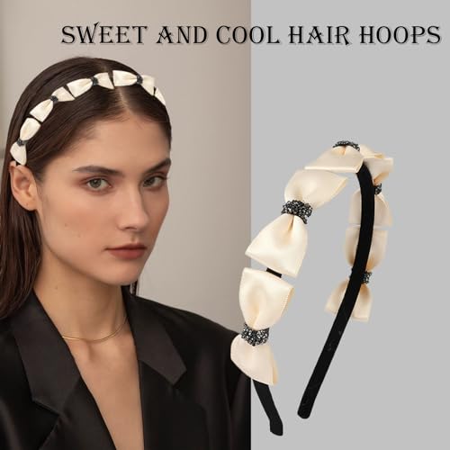 Kasmena 2Pcs Bow Headbands for Women Rhinestone Bow Headband for Girls Bow Hairband Non Slip Satin Headbands for Thick Thin Hair Accessories,Black White