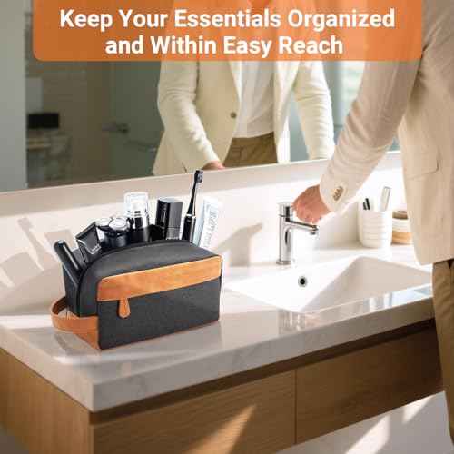 Elviros Travel Toiletry Bag for Men, Hanging Dopp Kit and Shaving Tool Pouch, Water Repellent PU Leather Mens Gift Toiletry Travel Small Bag for Bathroom and Gym, Black