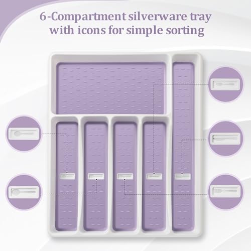 Silverware Organizer with Cutlery Icons，Silverware Tray for Kitchen Drawer，Plastic Flatware Tableware Silverware Drawer Organizer Utensil Organizer with Non-slip TPR Linings，6-Compartment,Purple