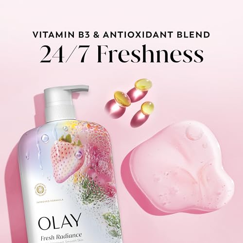 Olay Body Wash for Women, Fresh Radiance, 24/7 Skin-Loving Freshness, Visibly Radiant, Plant Based Cleansers, Vitamin B3 & Antioxidant Blend, For All Skin Types, Strawberry & Mint Scent, 29 fl oz