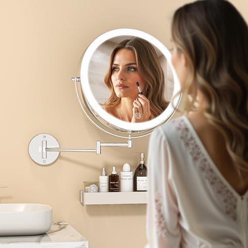 10" Wall Mounted Makeup Mirror with Light, 3000mAh Rechargeable Double Sided 1X / 7X Magnifying Vanity Mirror, 3 Color Lights Touch Dimmable 360¡Æ Rotation Bathroom Mirror, Chrome