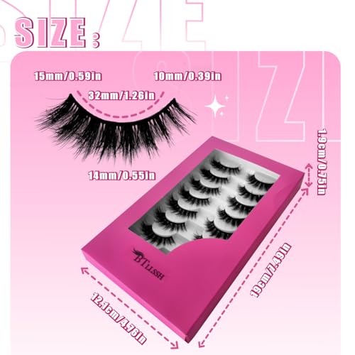 8Pair 3D5D 0.55INCH Fluffy Natural Look Faux Mink Lashes Thick False Eyelashes Volume Cat Eye Lashes Extension with Dark Pink Box