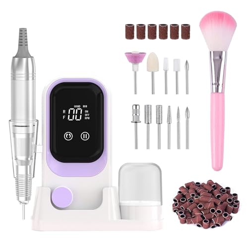 Nail Drill Professional Electric 35000RPM Nail Drill Kits Purple Portable Nail E File Machine with Bits & Base for Acrylic Gel Nail Polish Remover Cordless Rechargeable Nails Manicure for Salon Home