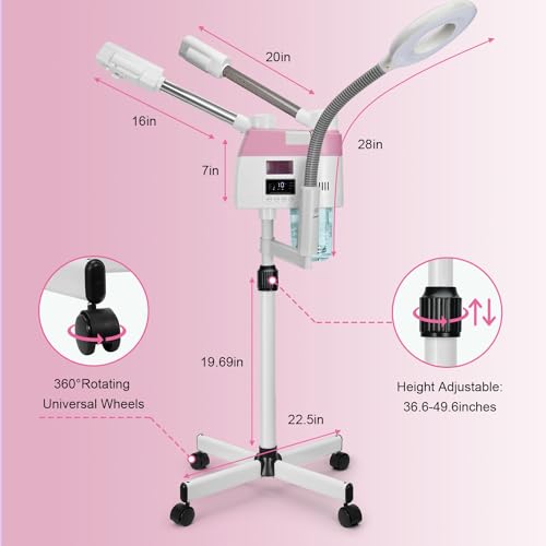Professional 3-in-1 Facial Steamer with 5X Magnifying Lamp & Wheels