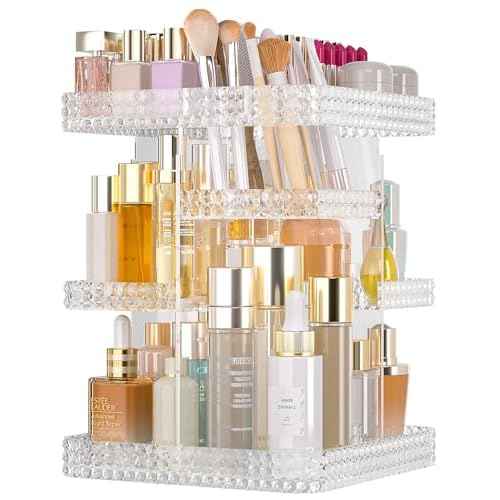 Rotating Makeup Organizer with Makeup Brush Holder, Large Capacity Perfume Organizer for Vanity Countertop, Acrylic Skincare Organizers Spinning Holder Storage Rack (Clear)