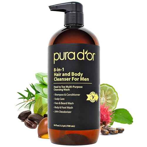 PURA D'OR 24 Oz 8-in-1 Hair & Body Cleanser For Men ? Sulfate-Free, Multi-Use Wash for Hair, Face, Beard & Body, with Organic Aloe Vera, Cedarwood & Lemongrass, Energizing & Deodorizing Formula