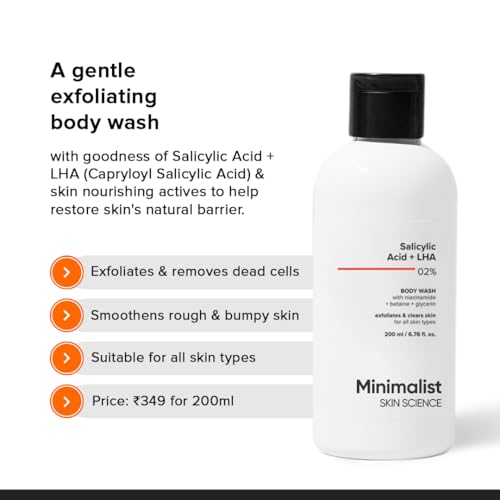 Minimalist Salicylic Acid +LHA 2% Body Wash | Acne Body Wash for Exfoliating, Excess Sweat, Rough & Bumpy Skin | Sulphate (SLS) & Dye Free | Shower Gel For Women & Men | 6.76 Fl Oz / 200 ml