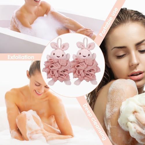 Bath Sponges,Animal Bath Sponges, Handmade Bath Flower Cute Rabbit, Bathing Balls,Exfoliating Back Scrubber, Bath Scrubber, Shower Scrubber, Body Scrubber(2Pcs Rabbit