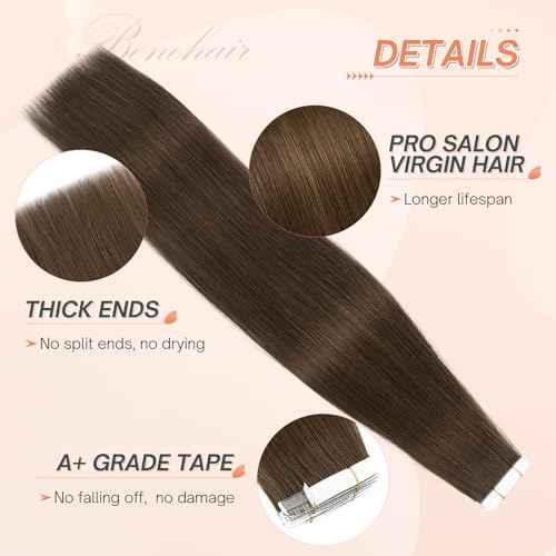 Benehair Tape in Hair Extensions Human Hair, Dark Brown Remy Hair Extensions Straight Human Hair Tape in Extensions Invisible 10pcs 20g 14 inch