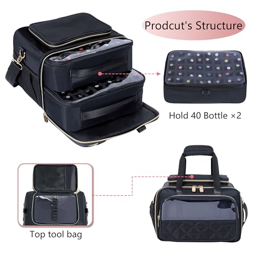 Nail Polish Organizer Holds 80 Bottles, with Two Removable Case, Portable Travel Nail Kit Storage Bag for Manicurist, Nail Art Enthusiasts,Black