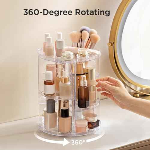 HBlife 360 Rotating Makeup Organizer Adjustable Carousel Small Capacity Revolving Perfume Organizer Skincare Organizers Cosmetic Storage Spinning Holder for Vanity, Clear