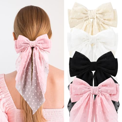 Large Hair Bows for Women,CEELGON 4 PCS Big Bow Clips for Girls French Barrette Bowknot with Long Tail for Women(White,Beige, Light Pink,Black)