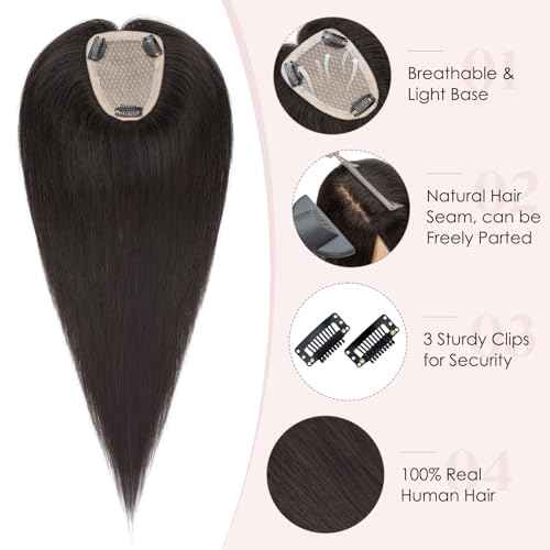 Hairro Human Hair Toppers Free Parted, 3.5x4.7" Base Hand-wovened 100% Real Hairpieces, with Invisible Clips-in for Women, for High Hairline/Adding Volume on Top, 16 Inch Light Natural Black