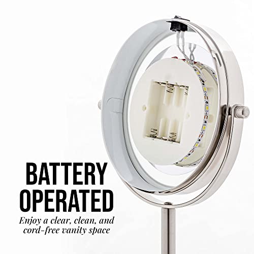 OVENTE Lighted Vanity Mirror 6 Inch Table Top 1X 7X Magnification LED 360 Adjustable Double Sided Spinning Personal Makeup Stand Desk Bathroom Battery Powered Round Large Nickel Brushed MLT60BR1X7X