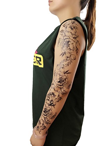 Black Peony Flower Temporary Tattoos for Women, 4 Sheets
