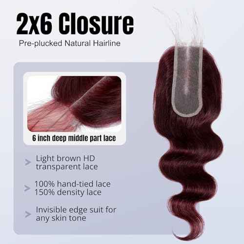 13A Double Drawn Dark Burgundy 99J Bundles Human Hair Body Wave with 2x6 Lace Closure deep part, 100% Raw Hair Wavy Extension Colored Cherry Red #99J 3 Bundles with 2 by 6 Closure 12 14 16+12