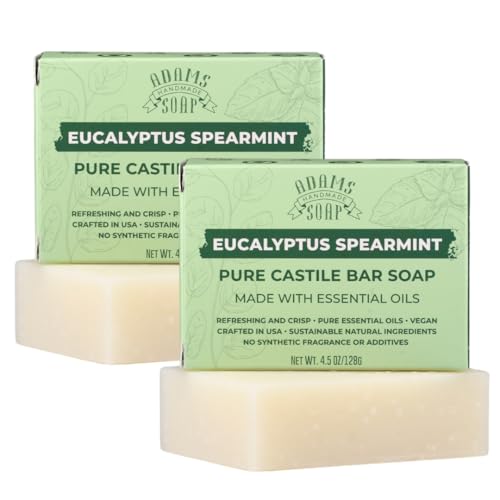 Adams Handmade Soap Eucalyptus Spearmint Pure Castile Bar Soap ? 4.5 oz | Vegan, Cold Process, Essential Oils, 84% Organic, Fair Trade, No Additives, USA Made