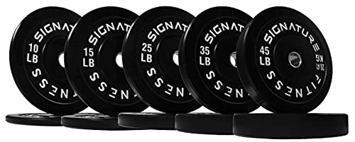 Signature Fitness 2" Olympic Bumper Plate Weight Plates with Steel Hub, 260LB Set (2X 10/15/25/35/45LB), Black, with 7FT Olympic Barbell (Chrome)