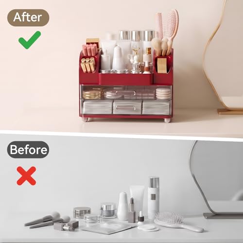 Large-Capacity Makeup Organizer with 2 Drawers & 6 Brush Holders - Red