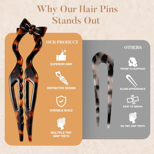 Tiefebene Tortoise Shell 4.33” French Hair Pins for Updos & Buns – Bow Design